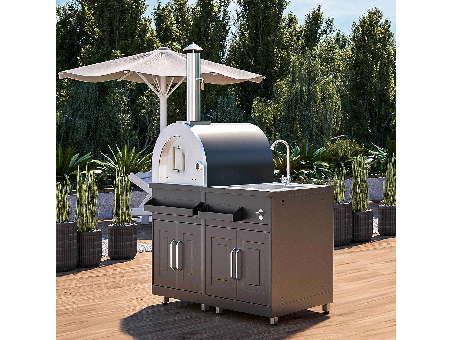 Cuisine extérieure en métal avec 2 modules évier et four à pizza
