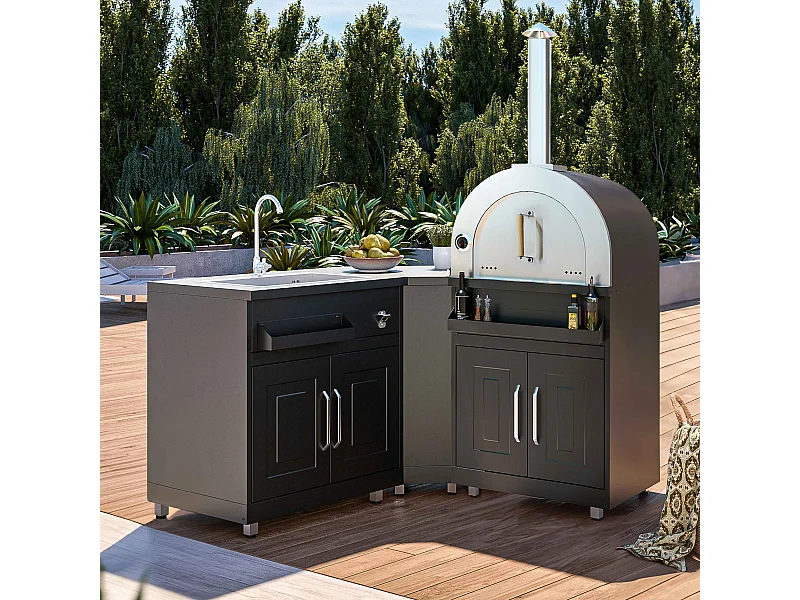 Cuisine extérieure en métal avec 3 modules évier et four à pizza