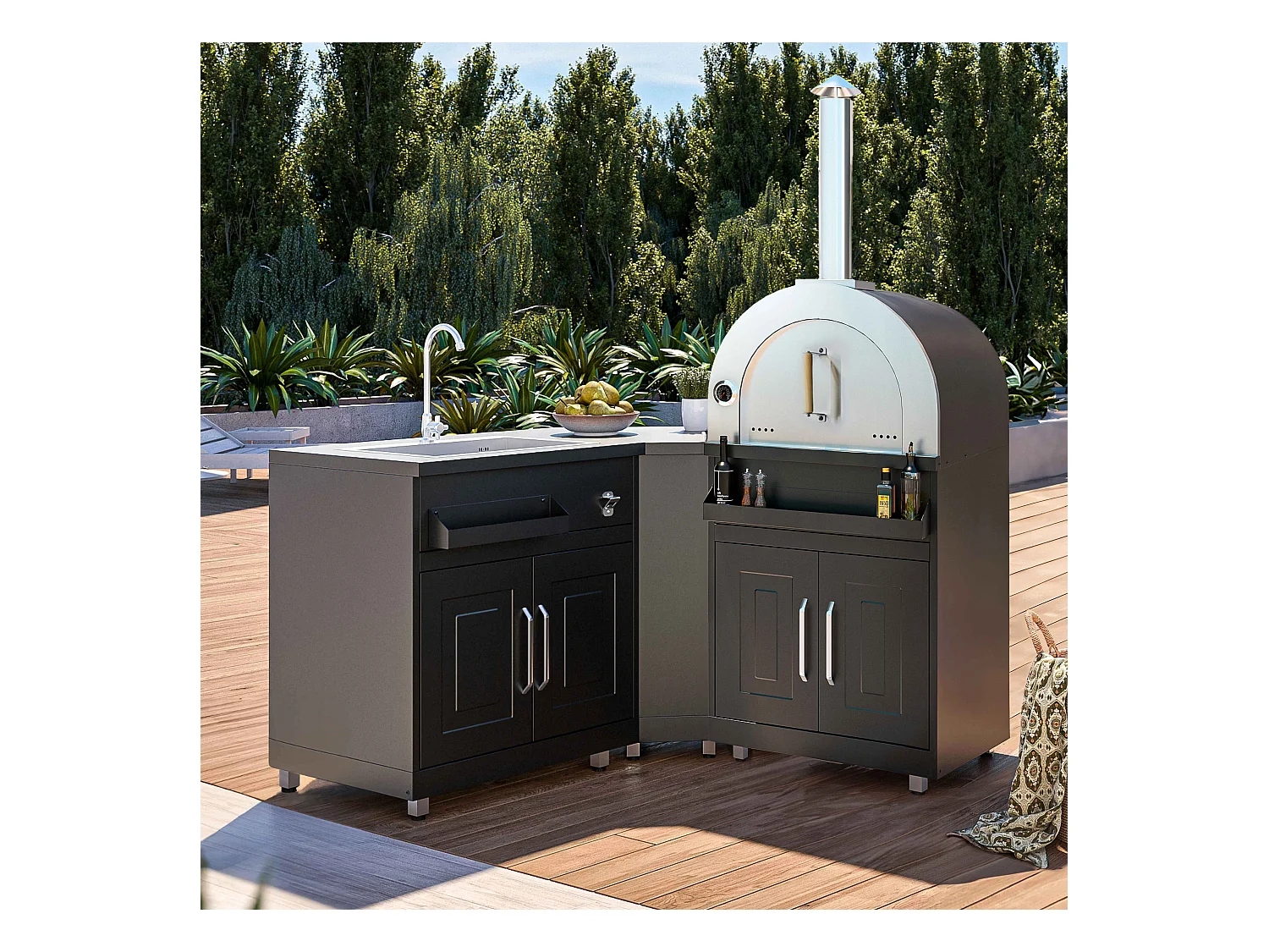 Cuisine extérieure en métal avec 3 modules évier et four à pizza