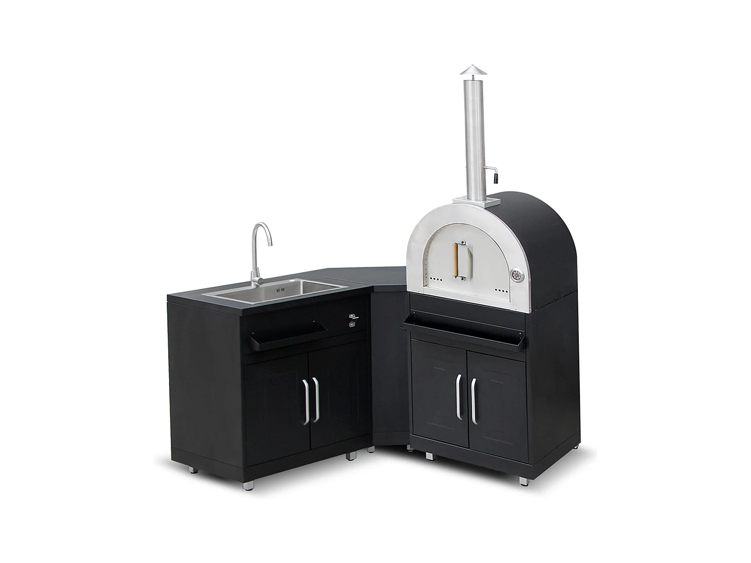 Cuisine extérieure en métal avec 3 modules évier et four à pizza