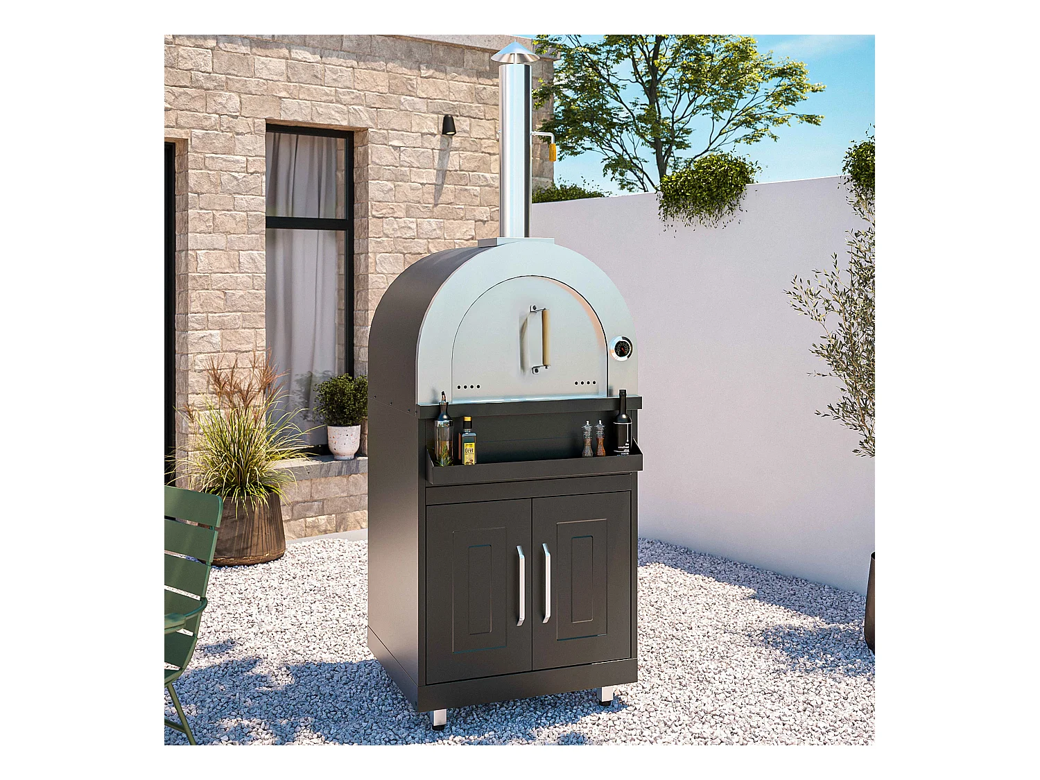 Cuisine extérieure en métal avec 3 modules évier et four à pizza