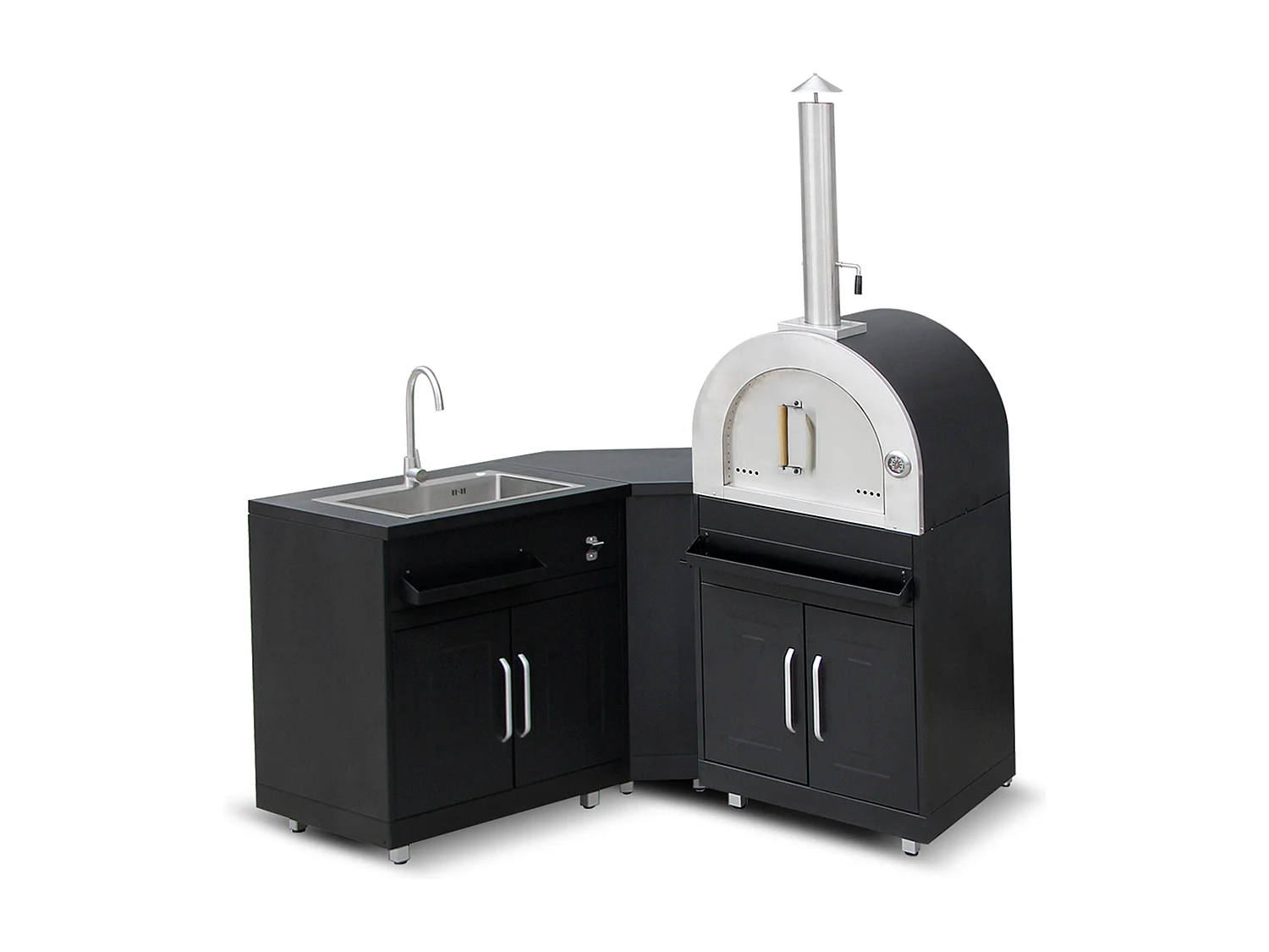 Cuisine extérieure en métal avec 3 modules évier et four à pizza