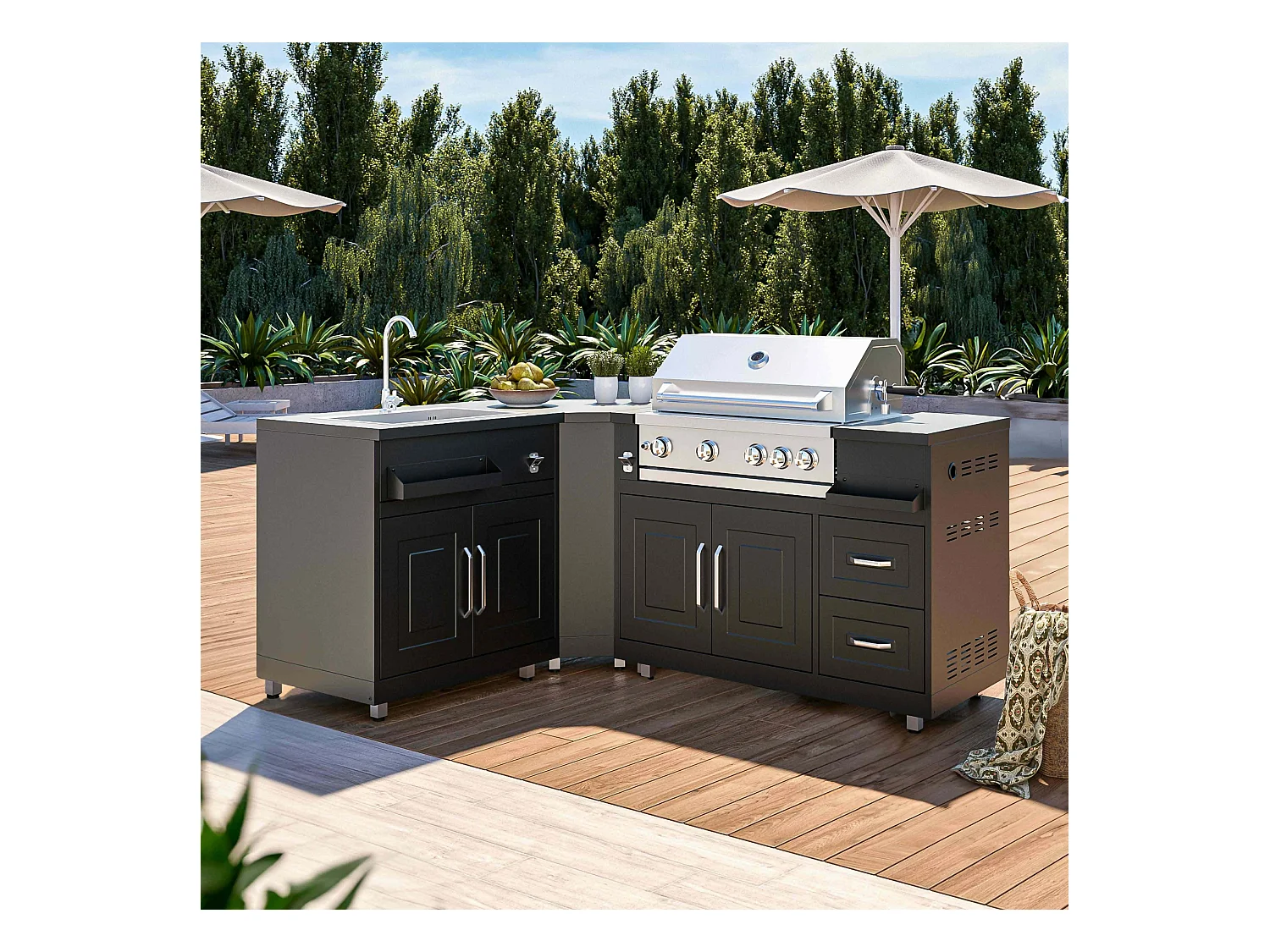 Cuisine extérieure en métal avec 3 modules évier et barbecue