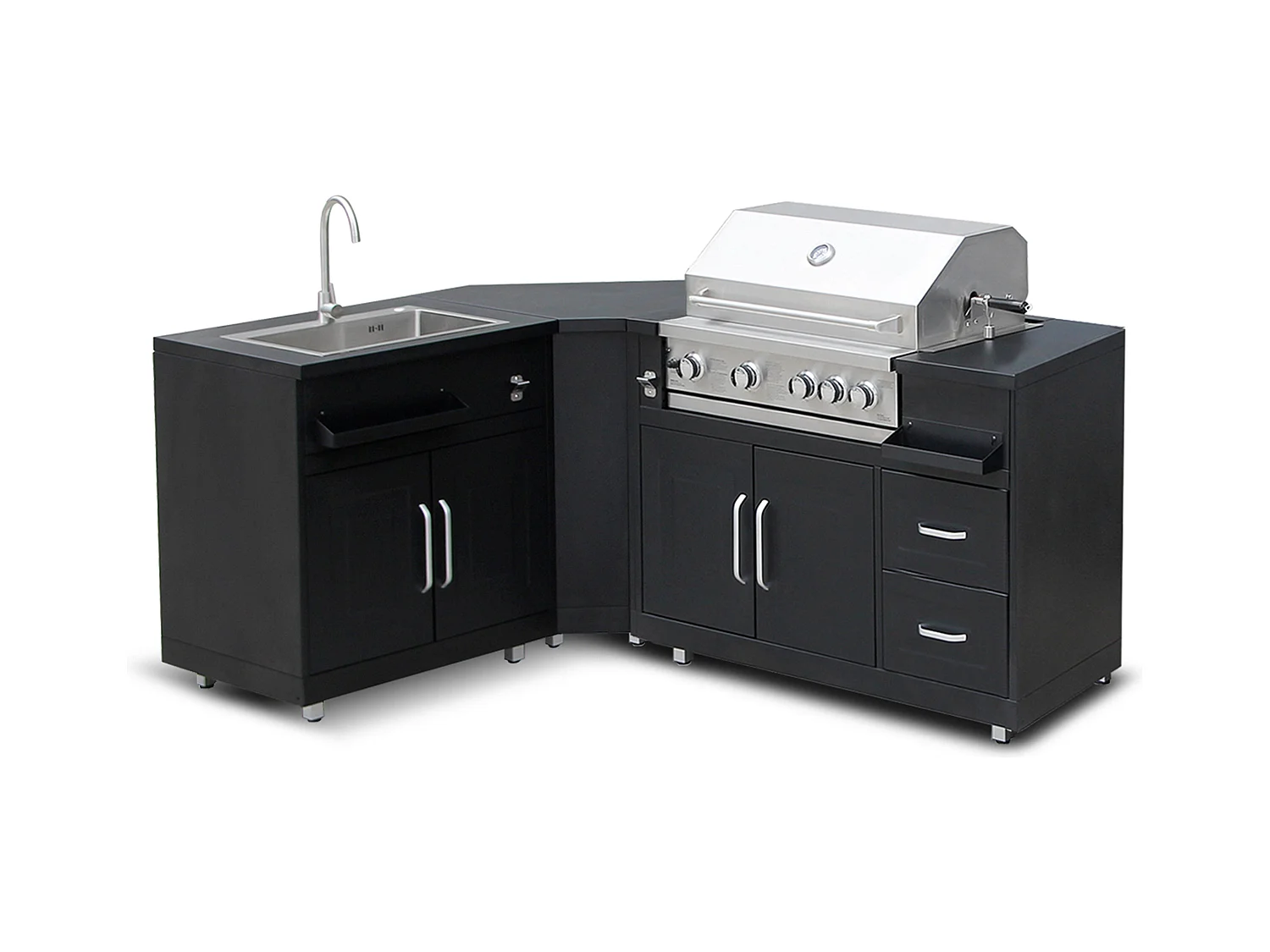 Cuisine extérieure en métal avec 3 modules évier et barbecue