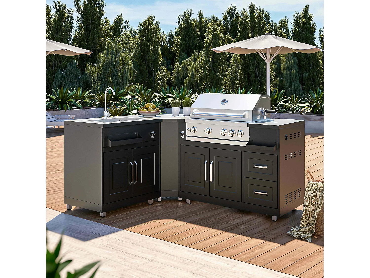 Cuisine extérieure en métal avec 3 modules évier et barbecue