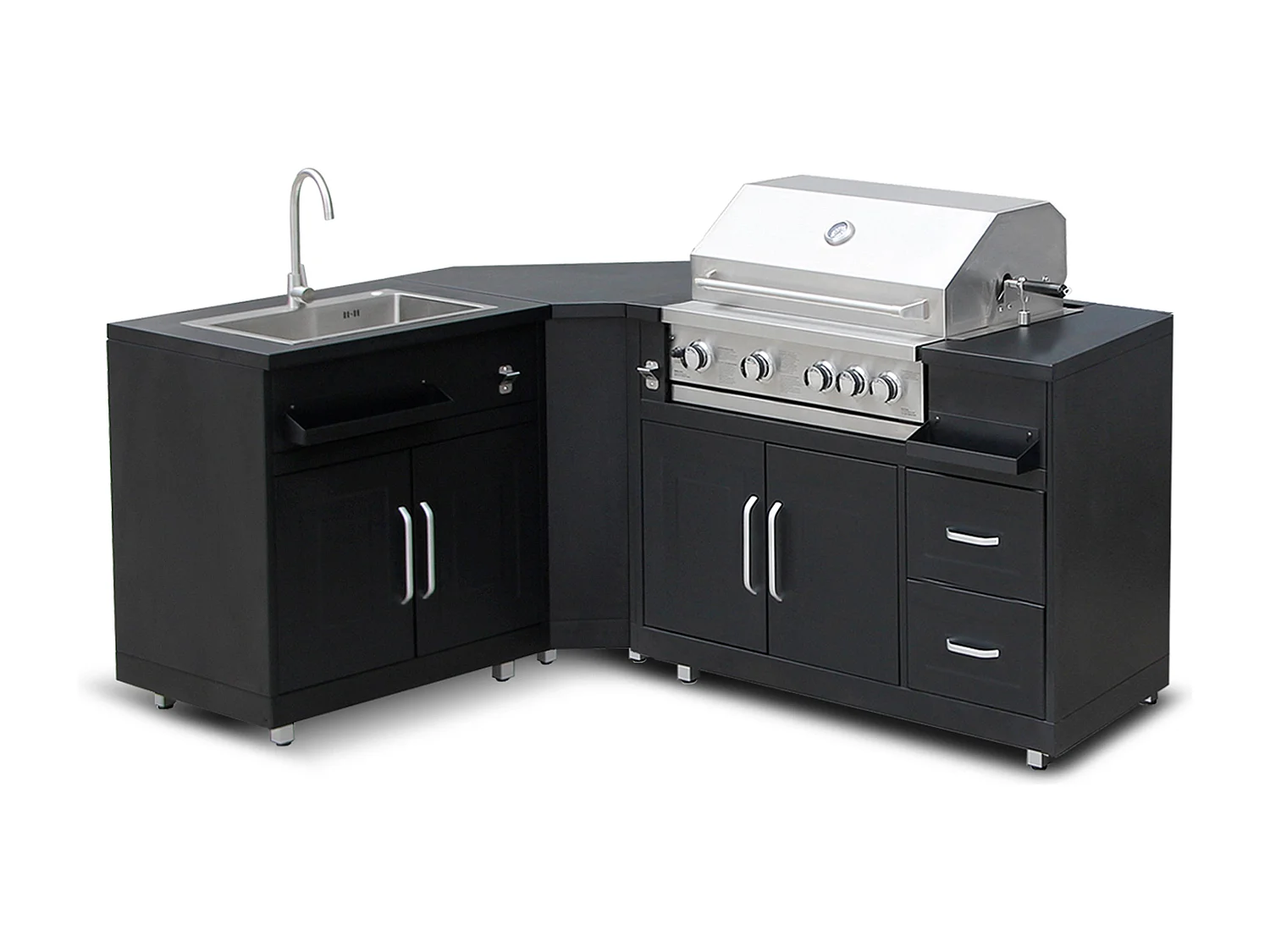 Cuisine extérieure en métal avec 3 modules évier et barbecue