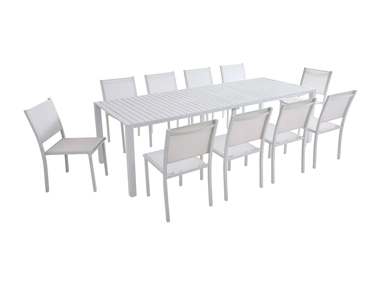 Table de jardin extensible aluminium 52 à 260cm et 10 chaises blanche