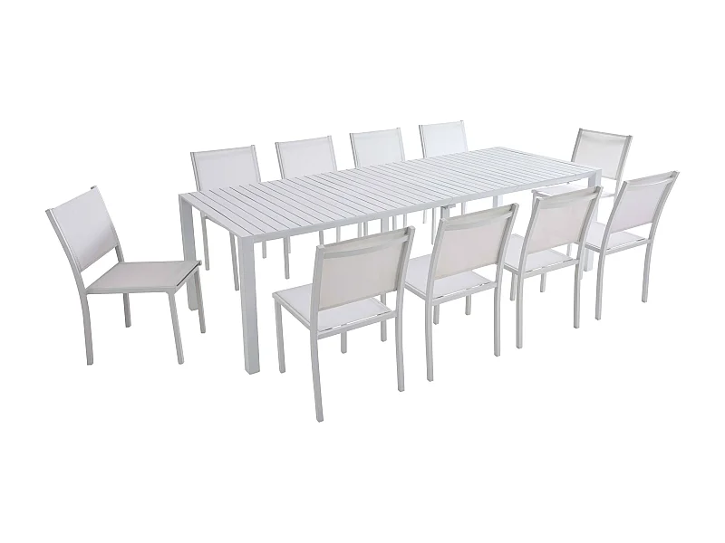 Table de jardin extensible aluminium 52 à 260cm et 10 chaises blanche