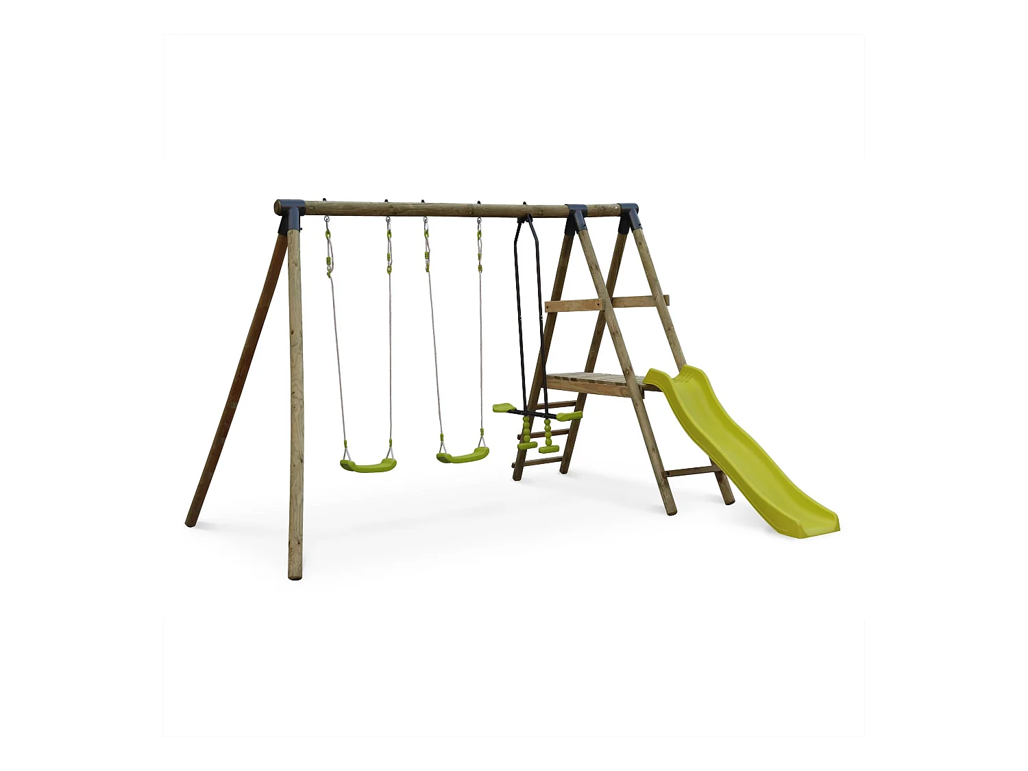 Parque infantil con tobogán, cara a cara y 2 columpios verde