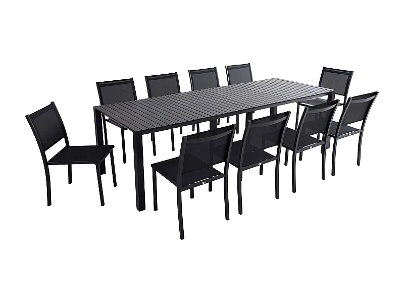 Uitschuifbare aluminium tuintafel 52/260 cm en 10 grijze stoelen