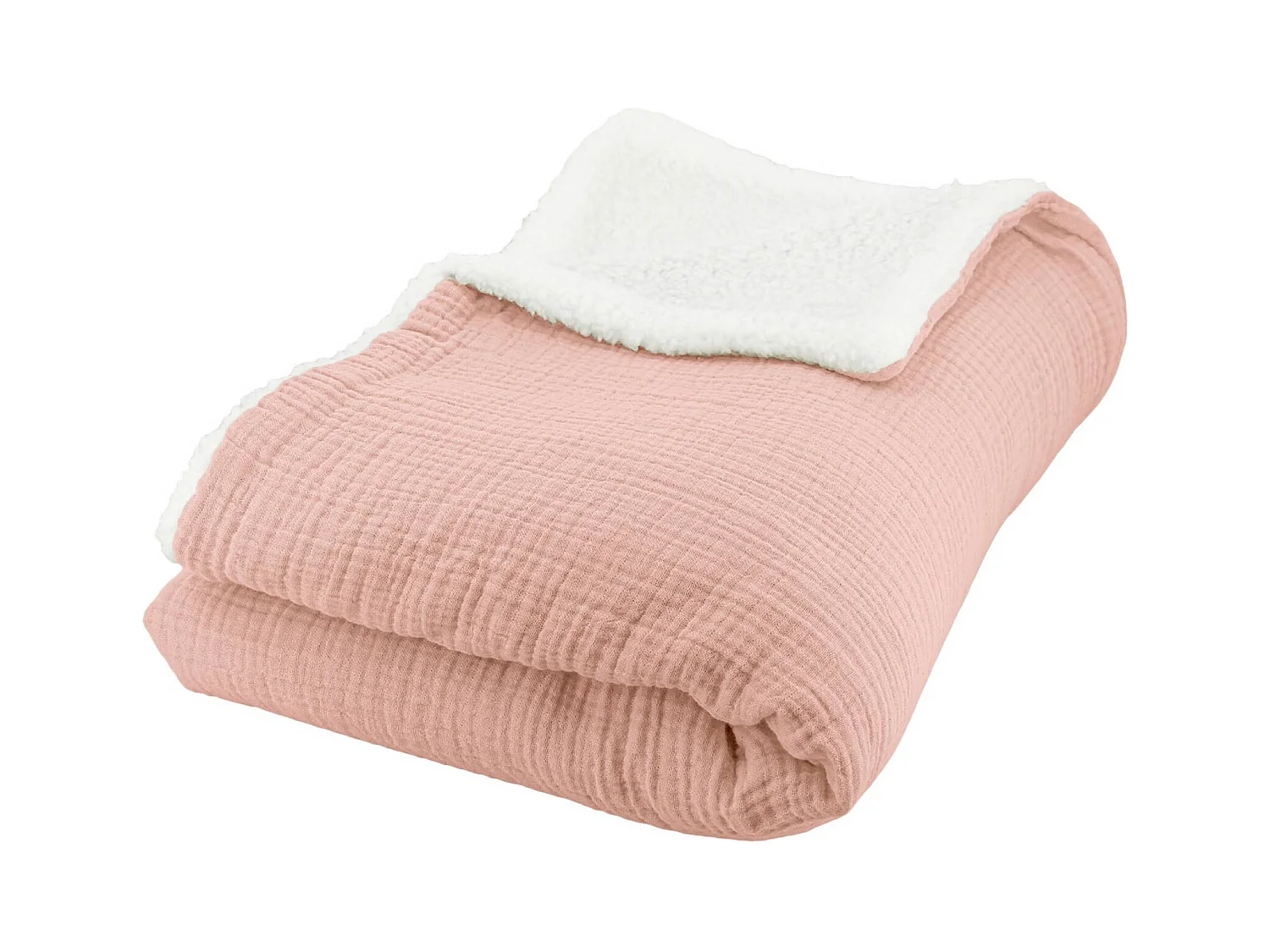 Plaid sherpa et gaze de coton 130 x 170 cm pêche. ALIX. bi-matière