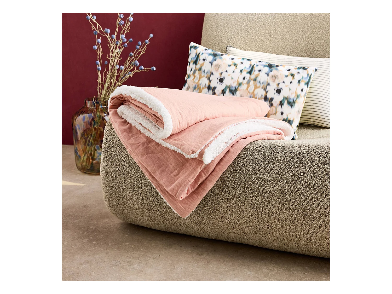 Plaid sherpa et gaze de coton 130 x 170 cm pêche. ALIX. bi-matière