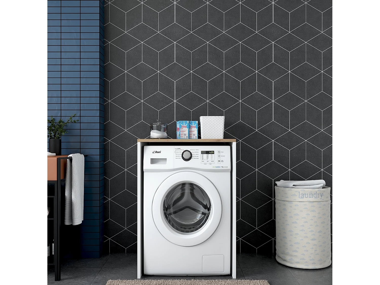 Scaffale per lavatrice finitura bianco e noce H91,8 cm - JUNE