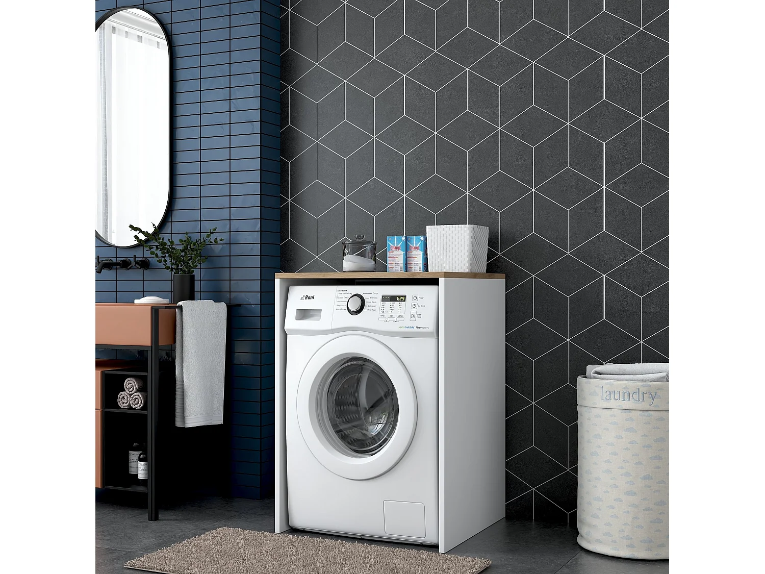 Scaffale per lavatrice finitura bianco e noce H91,8 cm - JUNE