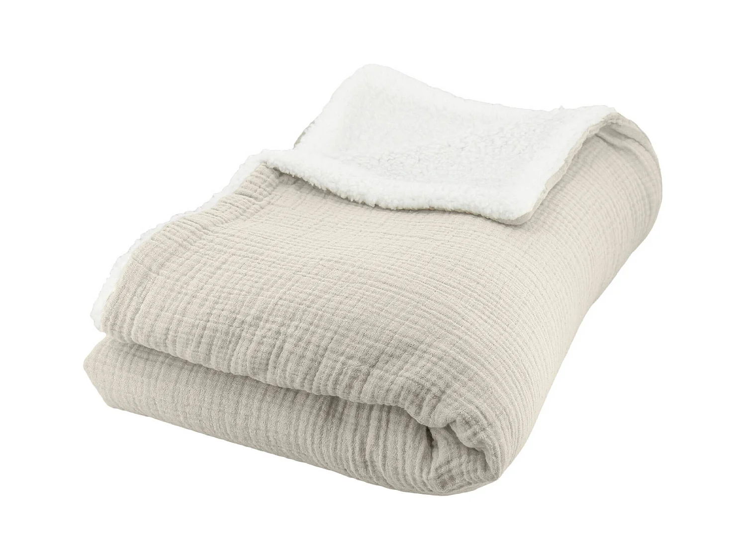 Plaid sherpa et gaze de coton 130 x 170 cm galet. ALIX. bi-matière