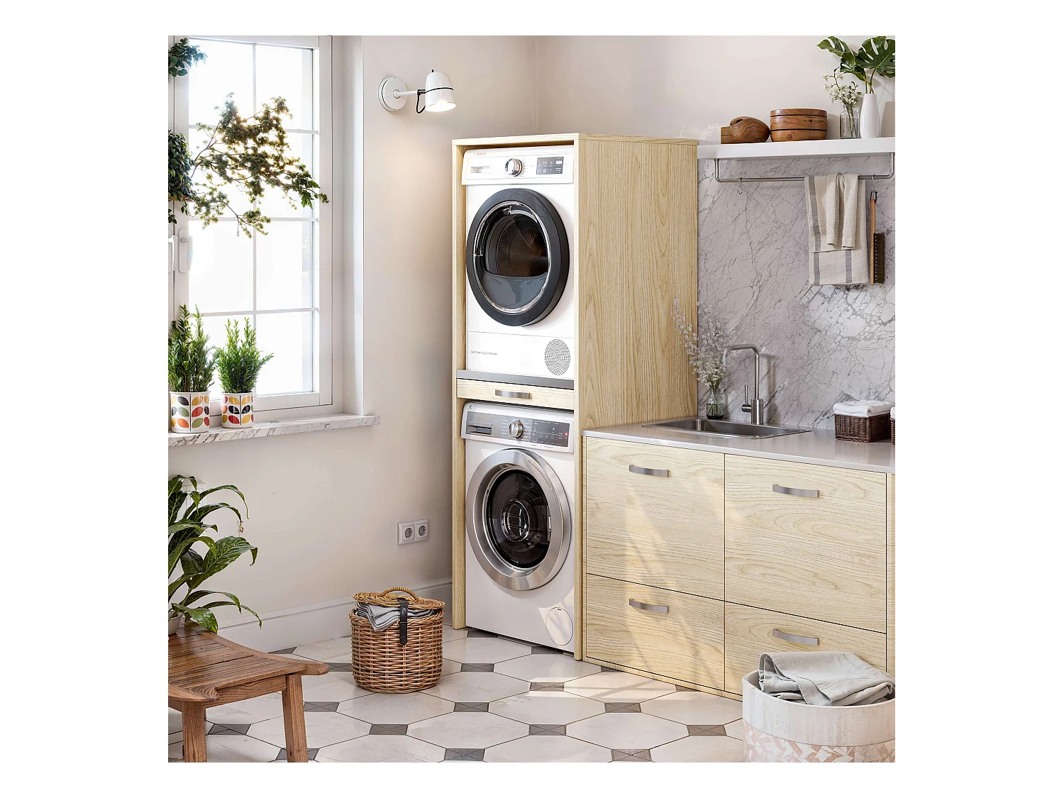 Armoire colonne pour lave-linge et sèche-linge superposés T-BATH 67,2x187,5cm chêne