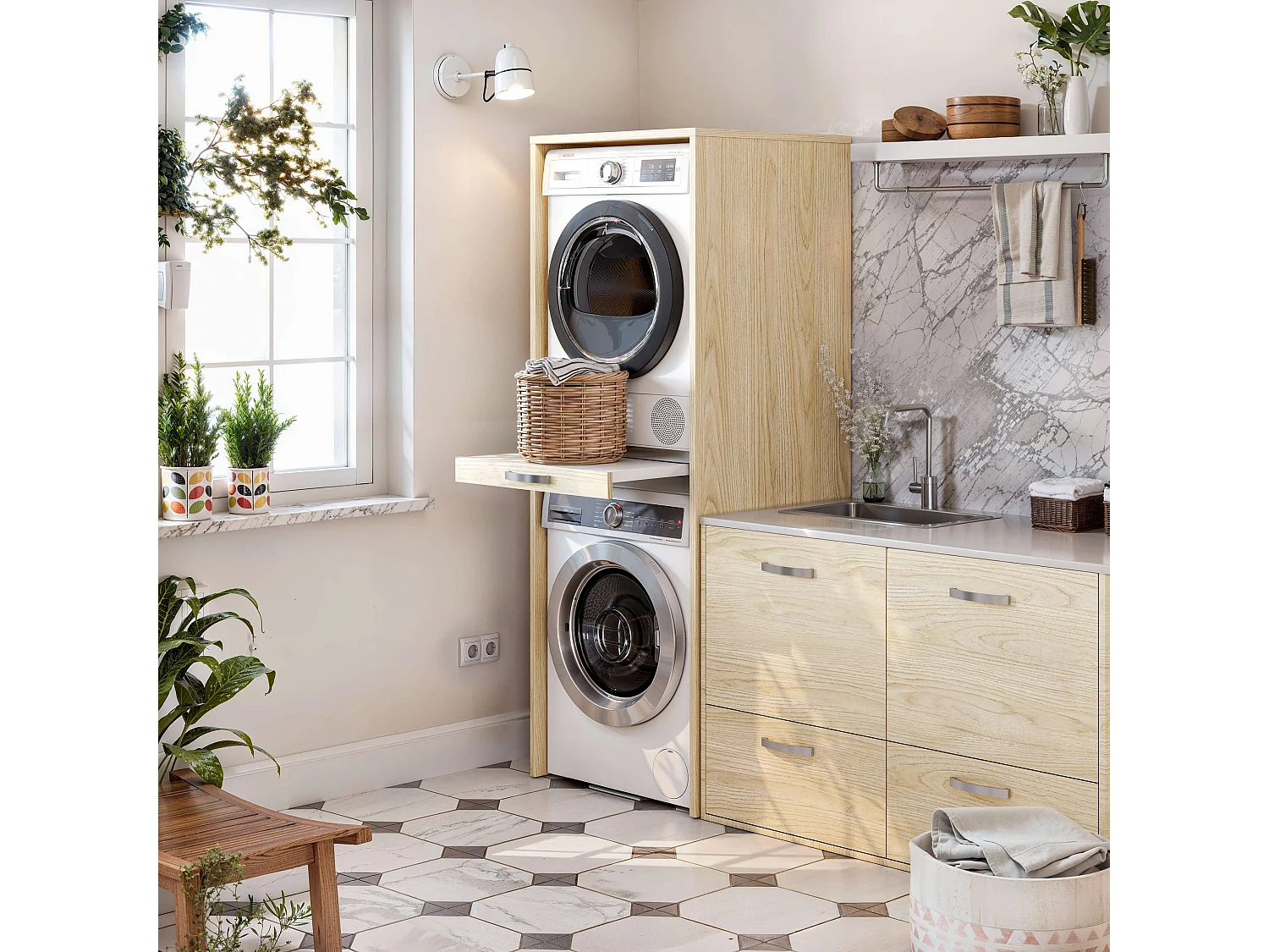 Armoire colonne pour lave-linge et sèche-linge superposés T-BATH 67,2x187,5cm chêne