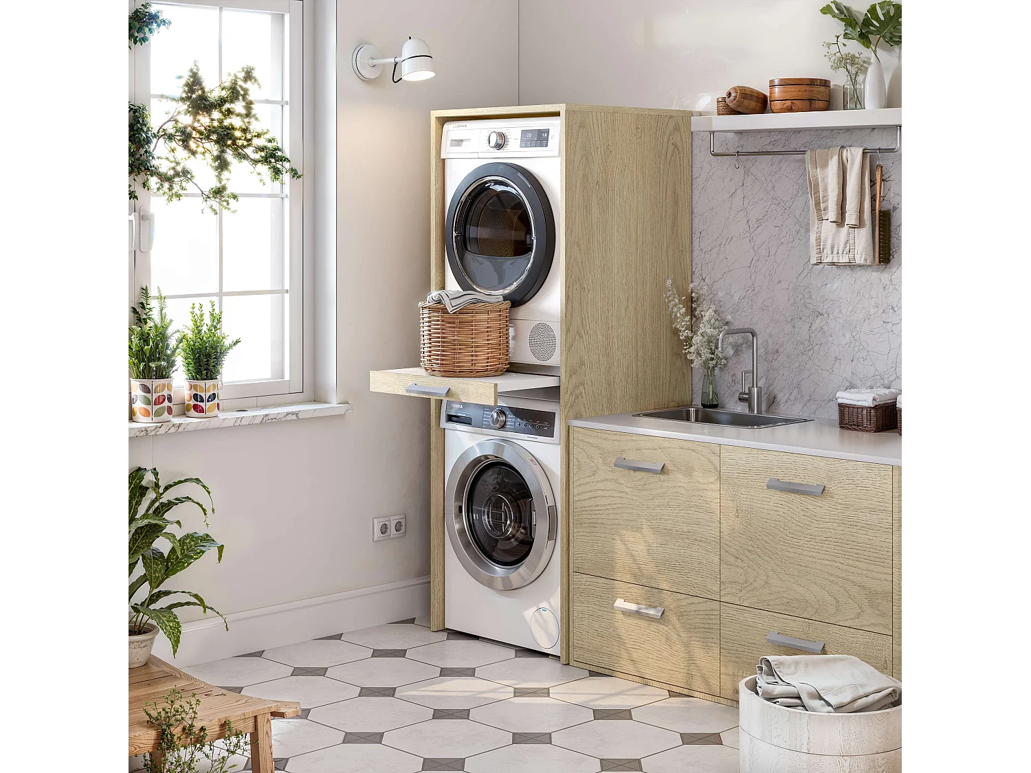 Armoire colonne pour lave-linge et sèche-linge superposés T-BATH 67,2x187,5cm chêne