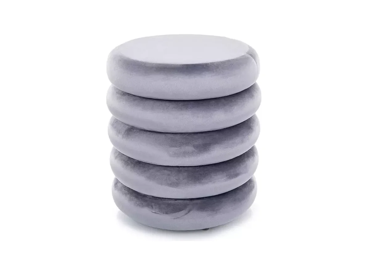 Pouf rond en velours gris avec coffre de rangement discret et assise douce MESRUN