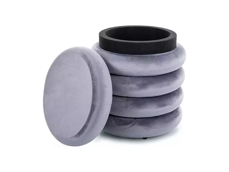 Pouf rond en velours gris avec coffre de rangement discret et assise douce MESRUN