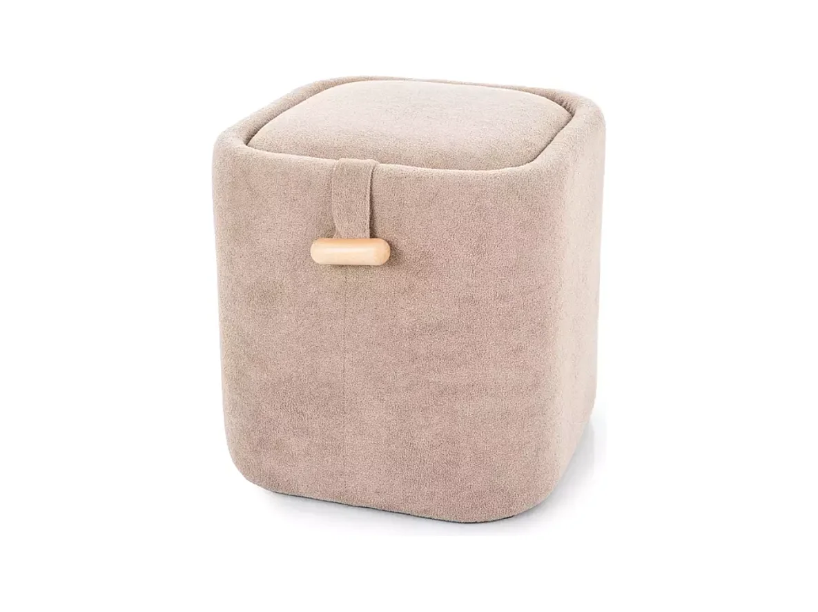 Pouf beige avec rangement intégré, tissu doux et poignée bois ZESTER