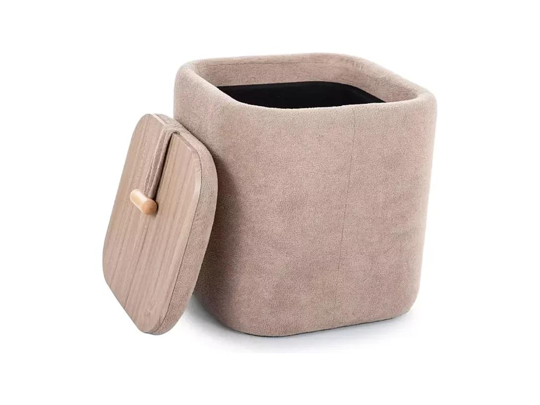 Pouf beige avec rangement intégré, tissu doux et poignée bois ZESTER