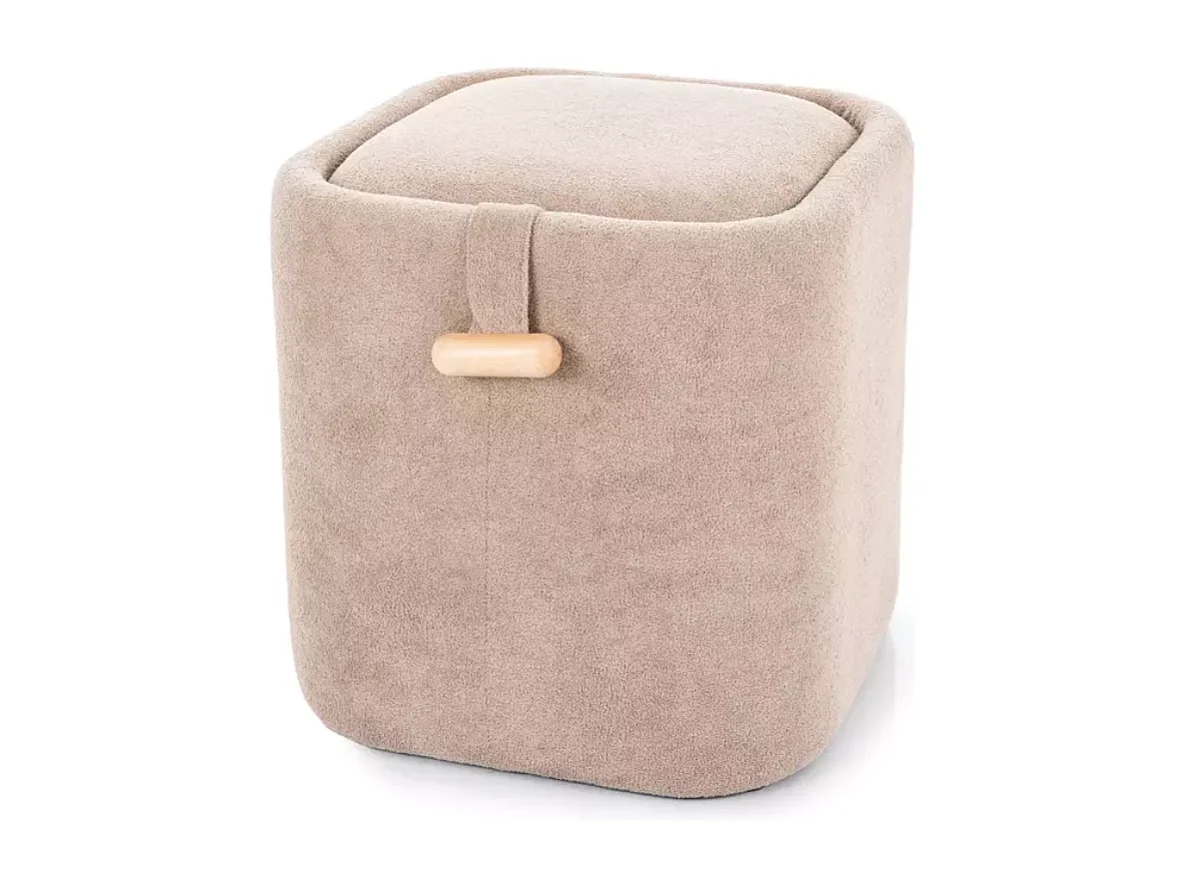 Pouf beige avec rangement intégré, tissu doux et poignée bois ZESTER