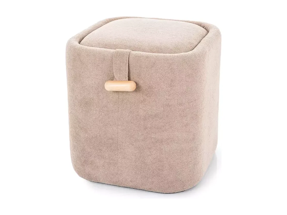 Pouf beige avec rangement intégré, tissu doux et poignée bois ZESTER