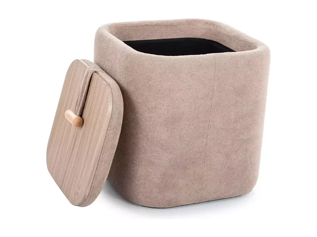 Pouf beige avec rangement intégré, tissu doux et poignée bois ZESTER