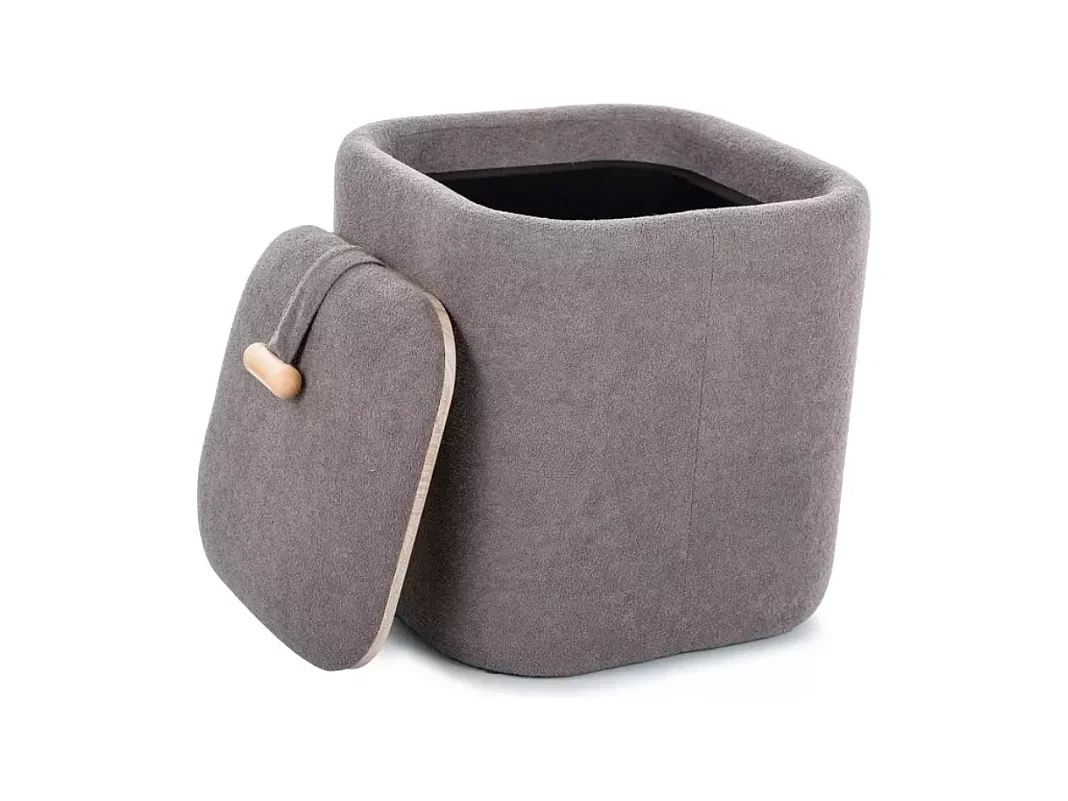 Pouf gris en tissu avec rangement et poignée bois décorative ZESTER