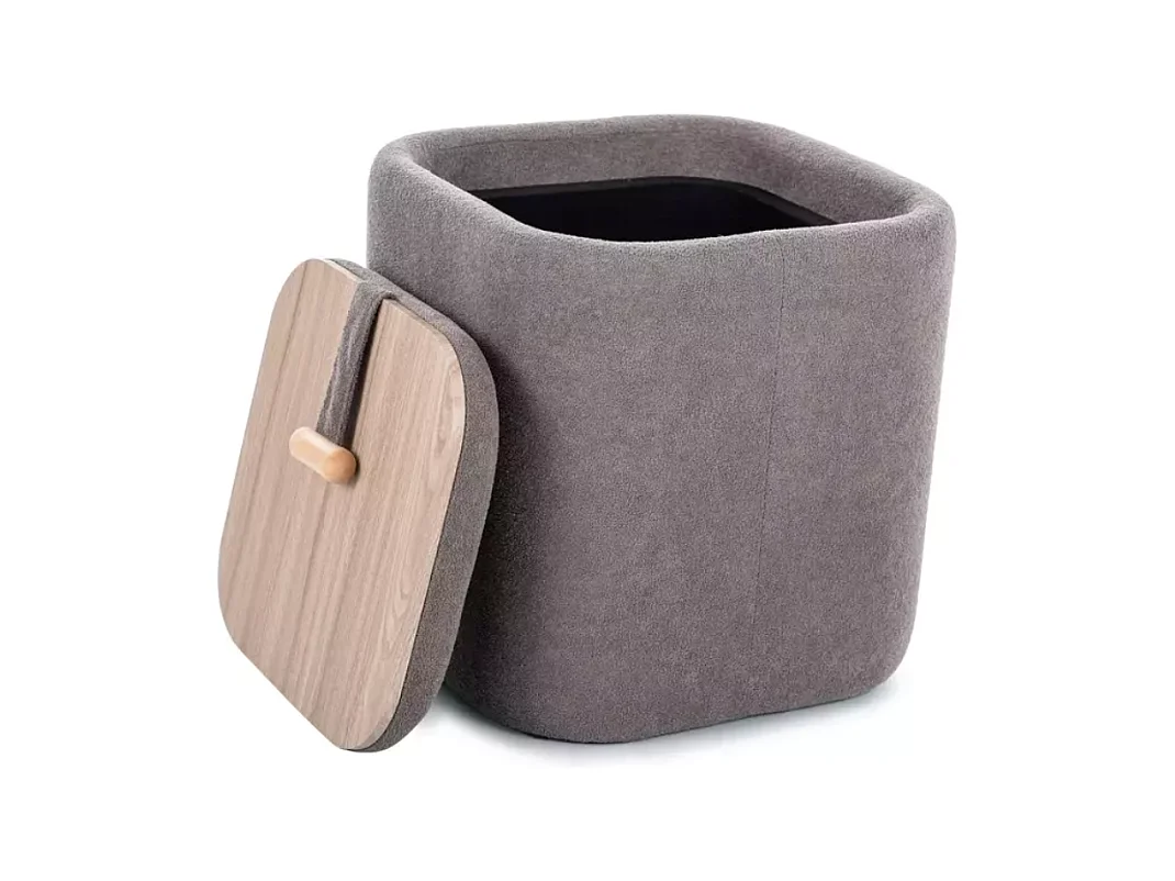 Pouf gris en tissu avec rangement et poignée bois décorative ZESTER