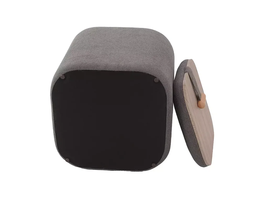 Pouf gris en tissu avec rangement et poignée bois décorative ZESTER