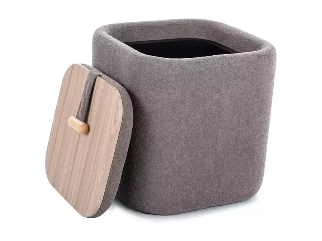Pouf gris en tissu avec rangement et poignée bois décorative ZESTER