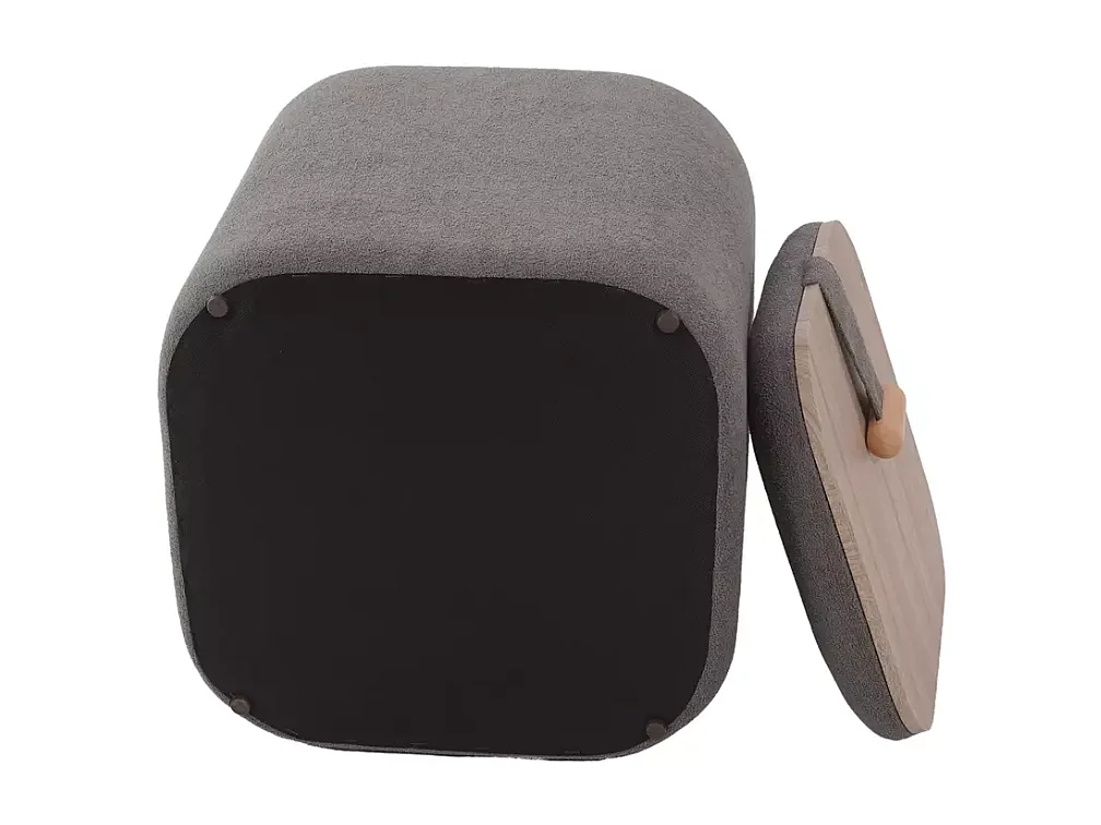 Pouf gris en tissu avec rangement et poignée bois décorative ZESTER