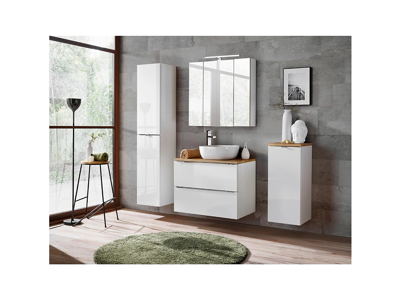 Coluna para banheiro NALYA 170 cm – Branco brilhante e carvalho claro – Móvel suspenso