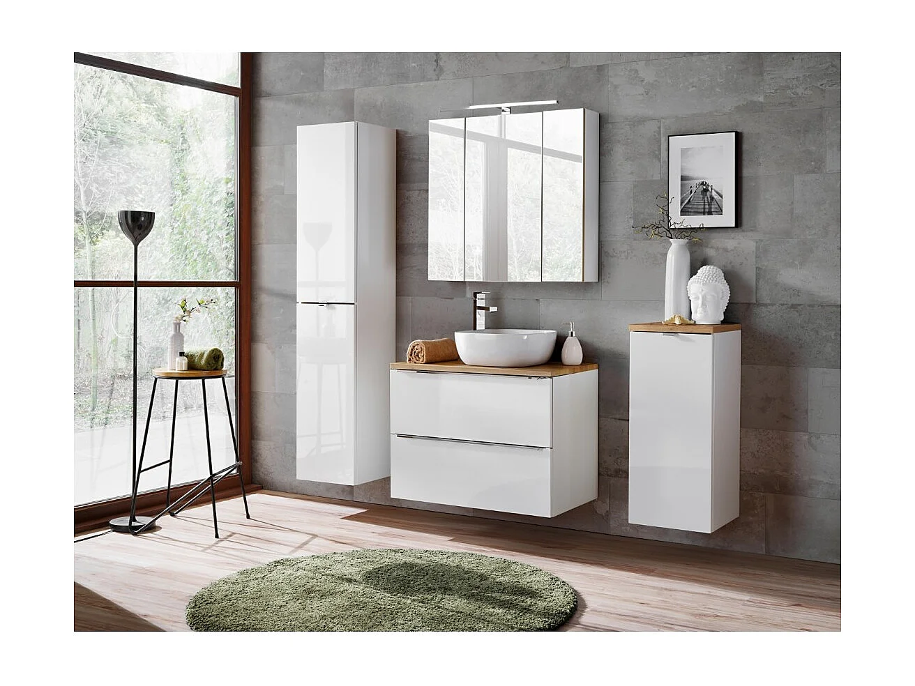 Colonne salle de bain NALYA 170 cm – Blanc brillant et chêne clair – Meuble suspendu