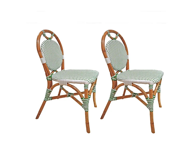 Lot 2 chaises bistrot en rotin naturel cannage vert et blanc - PIGALLE