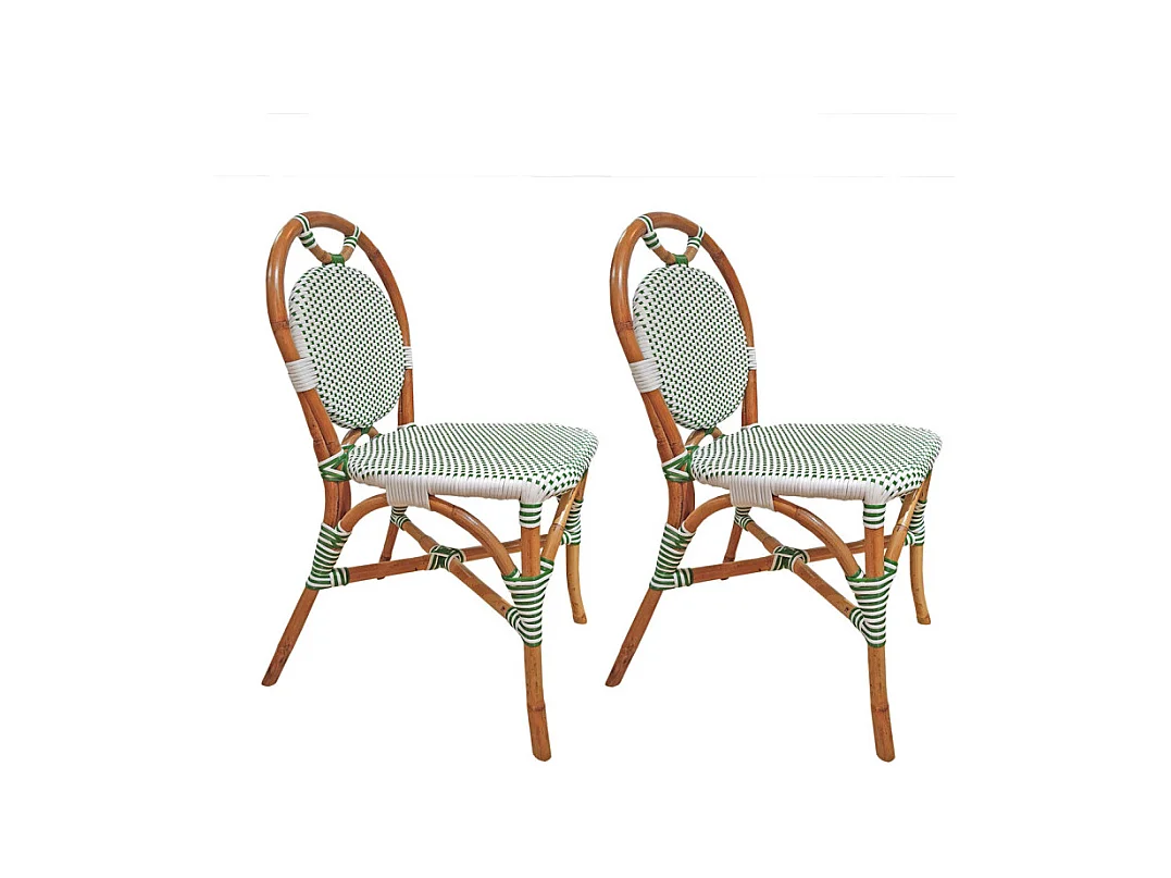 Lot 2 chaises bistrot en rotin naturel cannage vert et blanc - PIGALLE