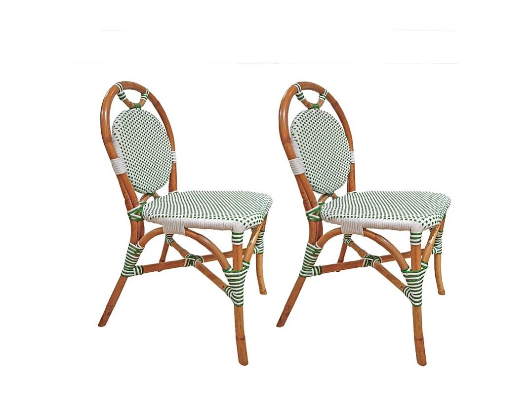 Lot 2 chaises bistrot en rotin naturel cannage vert et blanc - PIGALLE