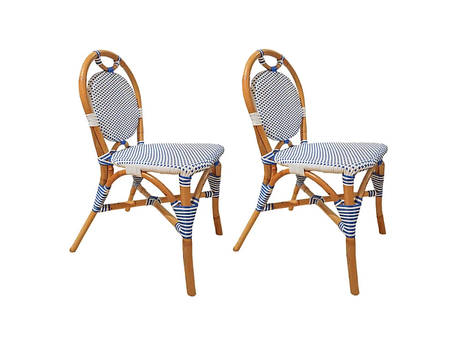 Lot 2 chaises bistrot en rotin naturel cannage bleu et blanc - PIGALLE