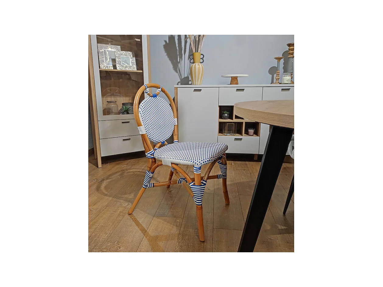 Lot 2 chaises bistrot en rotin naturel cannage bleu et blanc - PIGALLE