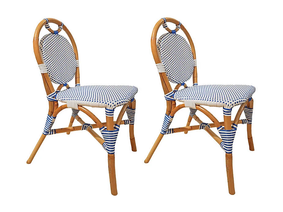 Lot 2 chaises bistrot en rotin naturel cannage bleu et blanc - PIGALLE