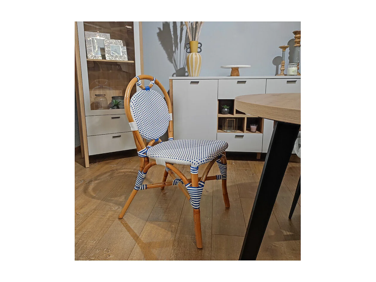 Lot 2 chaises bistrot en rotin naturel cannage bleu et blanc - PIGALLE