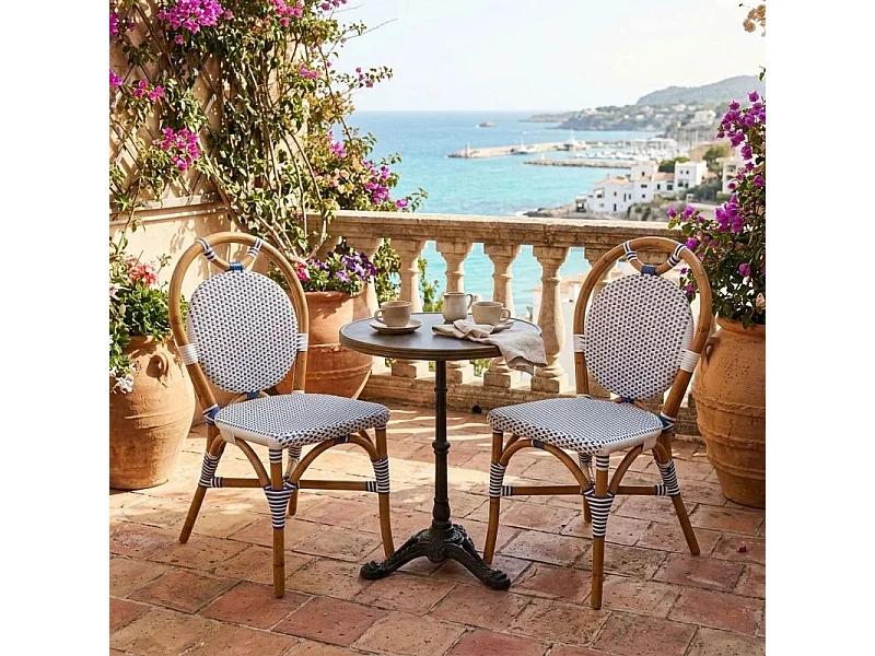Lot de 2 chaises bistrot empilables en rotin tressage bleu et blanc – PIGALLE