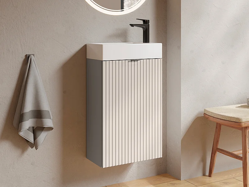 Meuble pour lave main strié porte réversible beige - H60 x L40 x P22 - VAHIRA