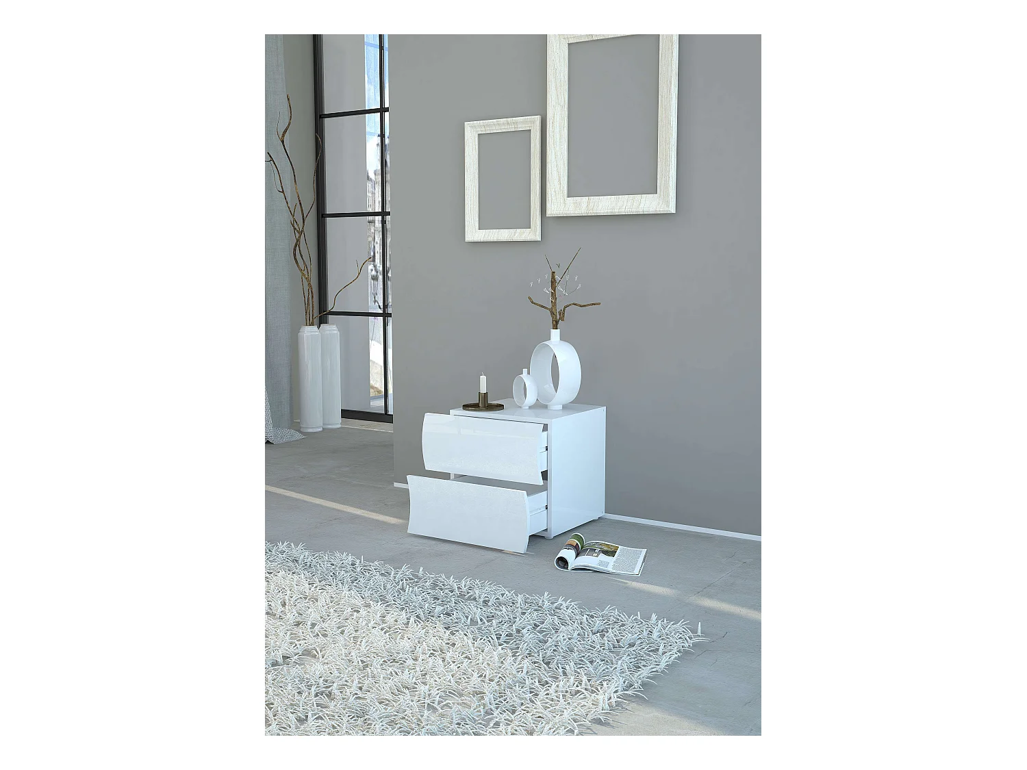 Table de chevet commode 2 tiroirs chambre blanc brillant Onda Smart