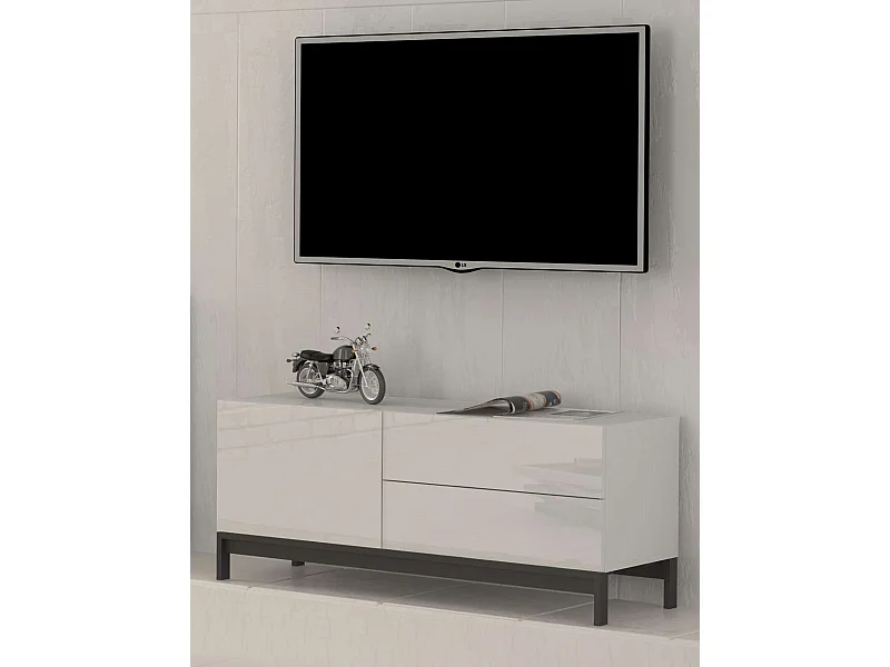 Meuble TV de salon design moderne 2 tiroirs blanc brillant Metis Up