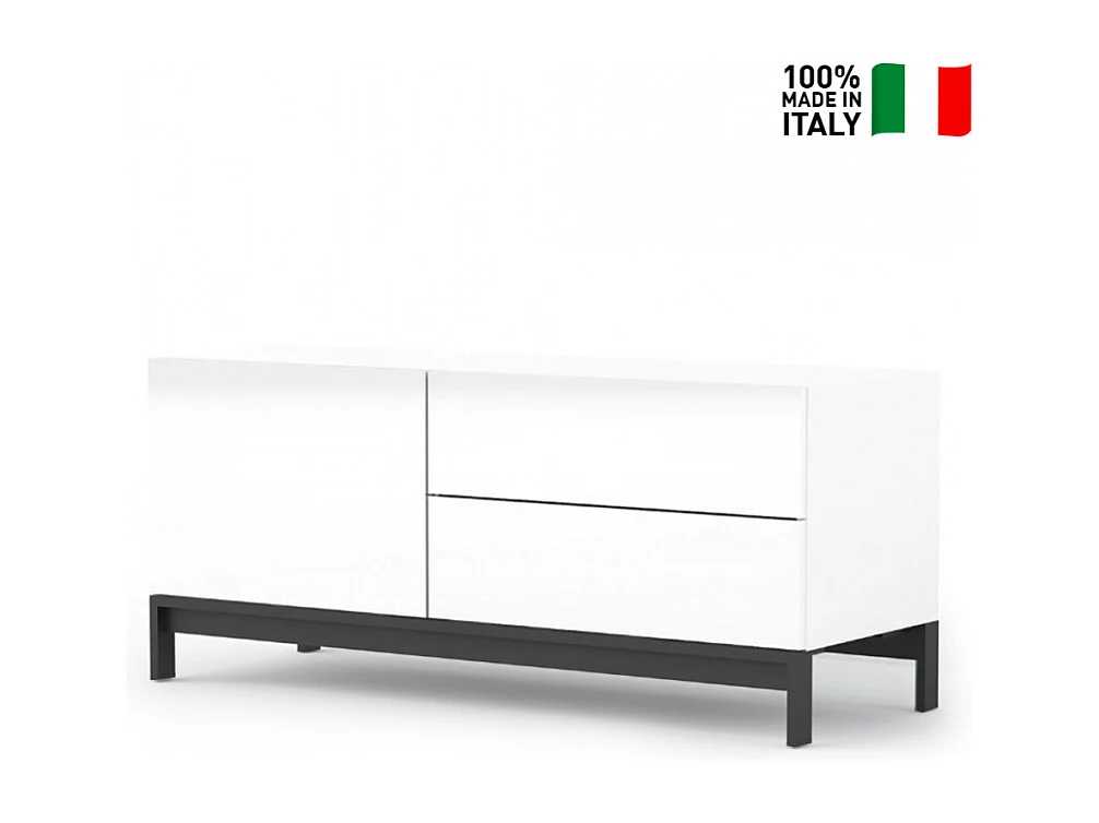 Meuble TV de salon design moderne 2 tiroirs blanc brillant Metis Up