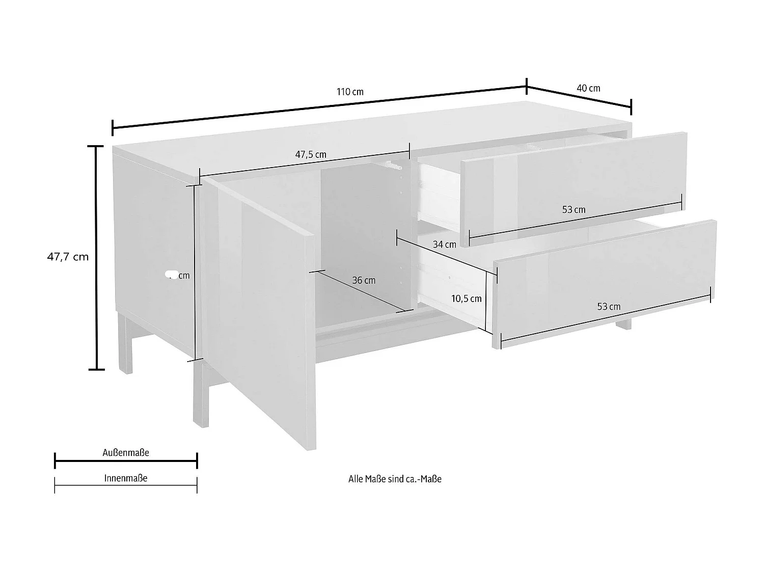Meuble TV de salon design moderne 2 tiroirs blanc brillant Metis Up