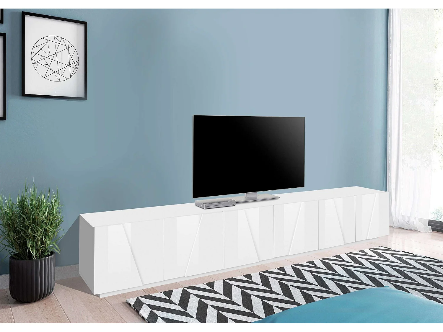 Meuble TV de salon moderne avec 6 portes et 3 placards Ping Low XL White
